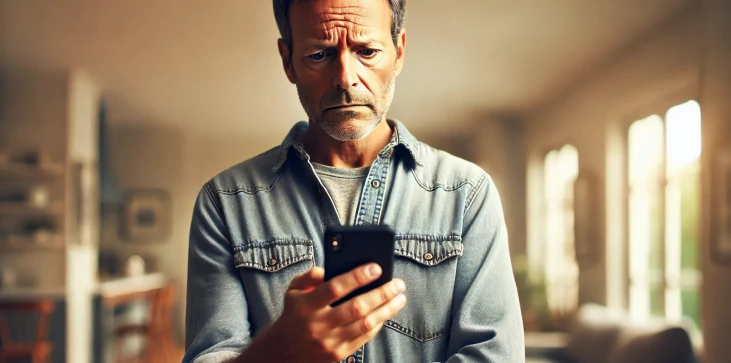 Un homme frustré regarde son téléphone